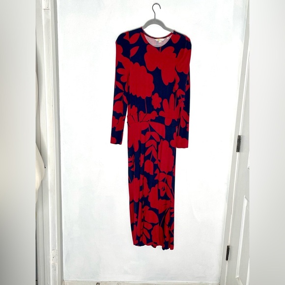 Boden Red and Navy Floral Abstract Print Midi Soft Jersey Dress. Size 6R - Picture 2 of 11